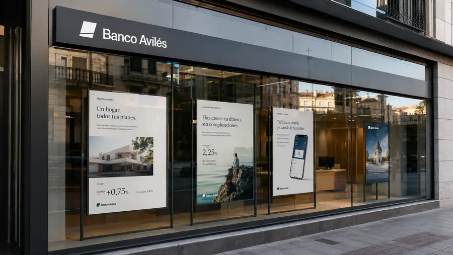 Pósters y cartelería en el escaparate de una oficina bancaria en Avilés, impresos por Pingraf