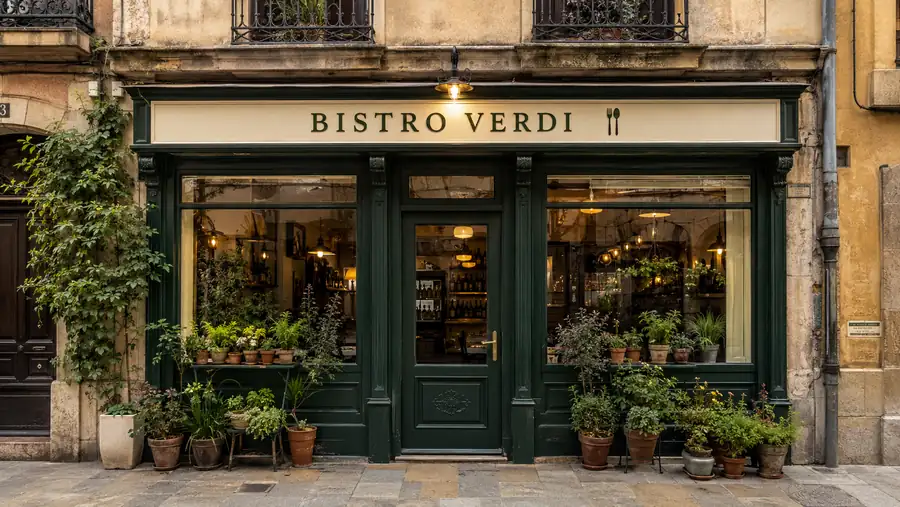 Rótulo de fachada de Bistro Verdi fabricado e instalado por Pingraf en Asturias