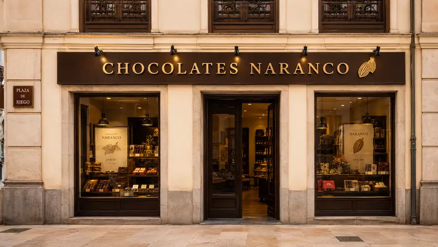 Rótulo de fachada de Chocolates Naranco fabricado e instalado por Pingraf en Asturias