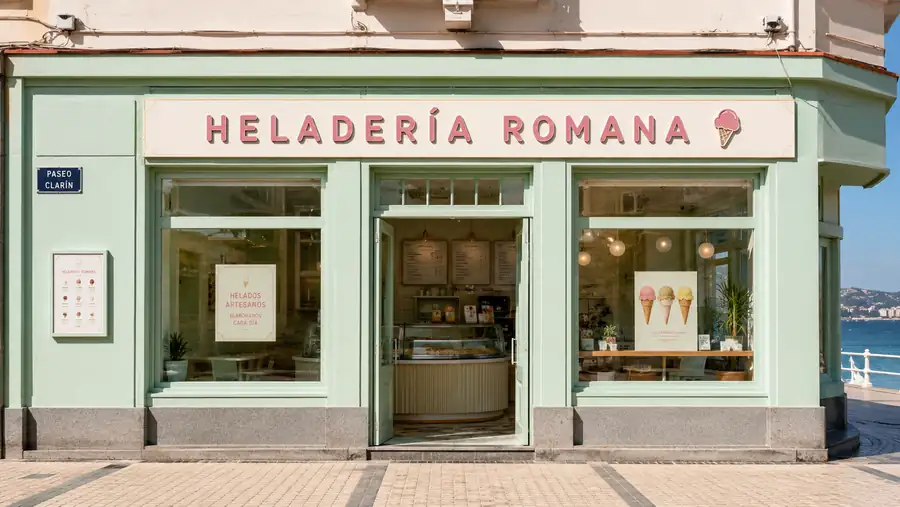 Rótulo de fachada de Heladeria Romana fabricado e instalado por Pingraf en Asturias