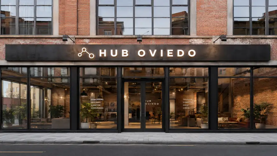 Rótulo de fachada de Hub Oviedo fabricado e instalado por Pingraf en Asturias