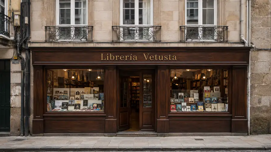 Rótulo de fachada de Librería Vetusta fabricado e instalado por Pingraf en Asturias