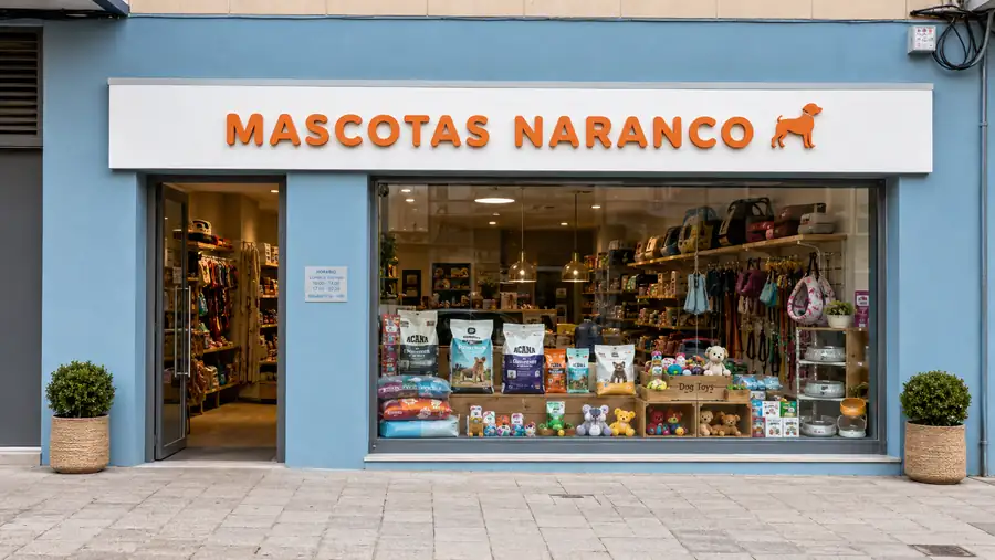 Rótulo de fachada de Mascotas Naranco fabricado e instalado por Pingraf en Asturias