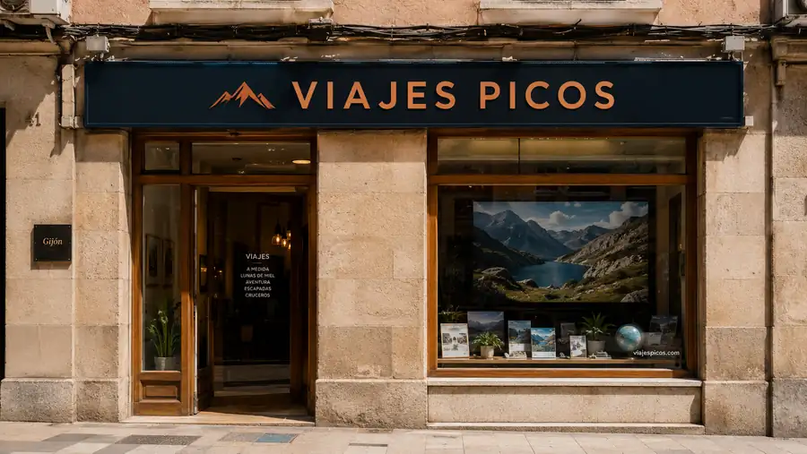 Rótulo de fachada de Viajes Picos fabricado e instalado por Pingraf en Asturias