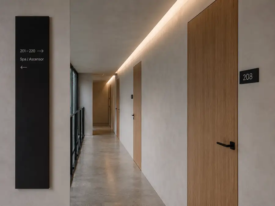 Señalética de identificación de espacios en un hotel moderno, fabricada por Pingraf