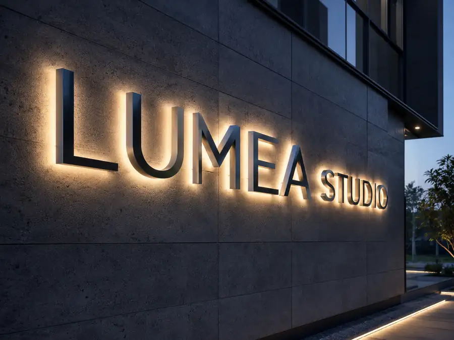 Letras corpóreas con iluminación halo en una fachada